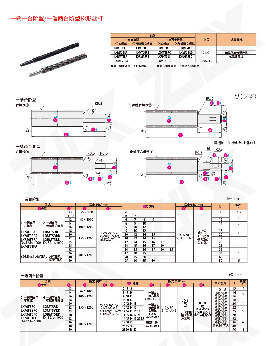 一端一臺(tái)階型/一端兩臺(tái)階型梯形絲桿