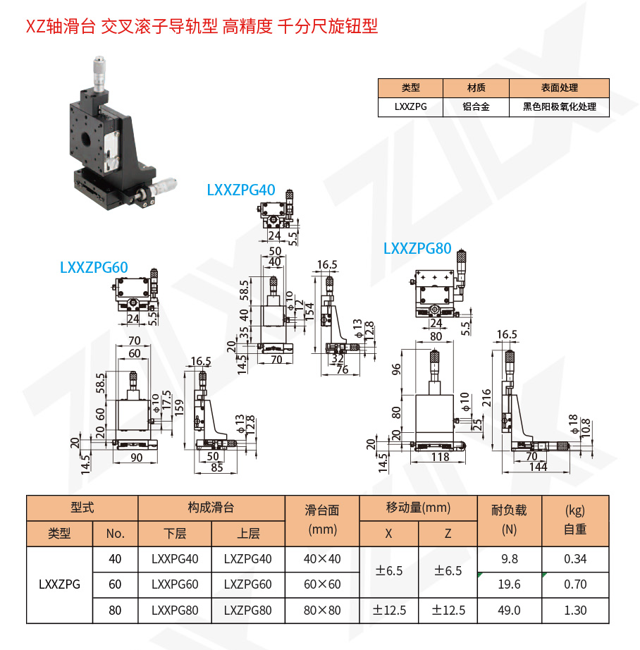 XZ-21XZ軸滑臺交叉滾子導(dǎo)軌型高精度千分尺旋鈕型