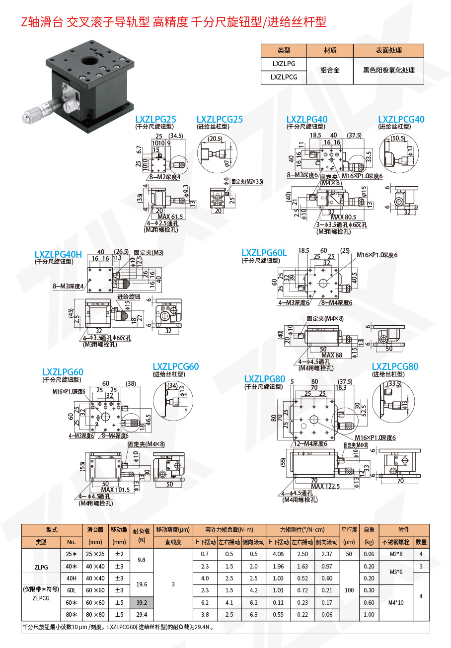 Z-21Z軸滑臺(tái)交叉滾子導(dǎo)軌型高精度千分尺旋鈕型進(jìn)給絲桿型