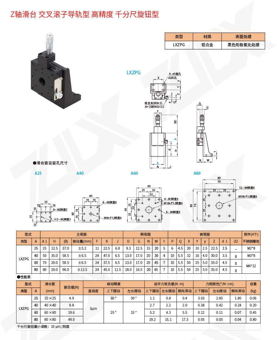 Z-91Z軸滑臺交叉滾子導軌型高精度千分尺旋鈕型